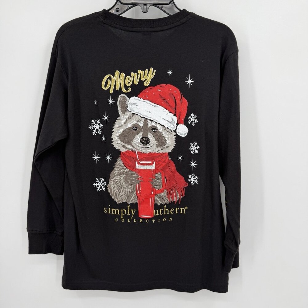 Simply Southern Girls Black Long Sleeve Cotton T-Shirt M Merry Christmas Raccoon